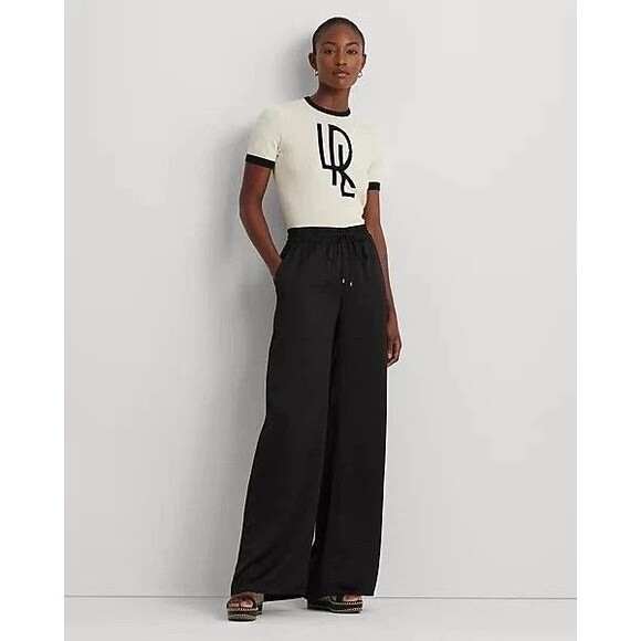 Lauren Ralph Lauren Pants - Lauren Ralph Lauren Womens Wide-Leg drawcord waist Satin Charmeuse Pants Black M